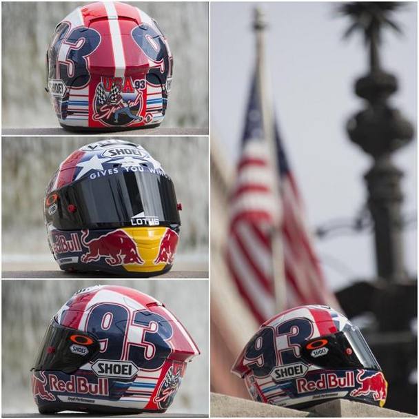 Il nuovo casco di Marc Marquez per la gara di Indy, a stelle e strisce, in un&#39;immagine presa da un tweet del pilota spagnolo